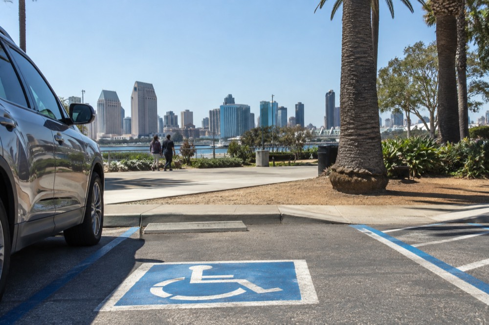 A marked accessible parking space beside a park entrance with palm trees