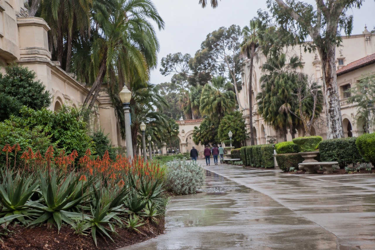 Ornate museum buildings and gardens along the Prado walkway in Balboa Park
