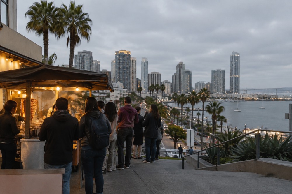 A walking food tour group standing at an outdoor taco stand in the evening
