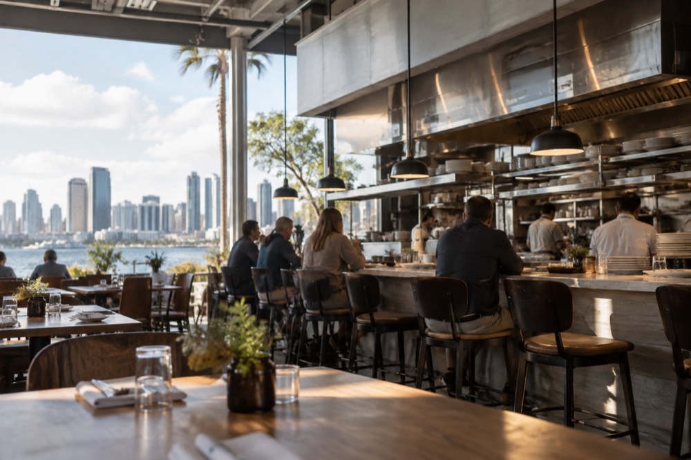 A casual San Diego restaurant interior with an open kitchen and diners at the counter