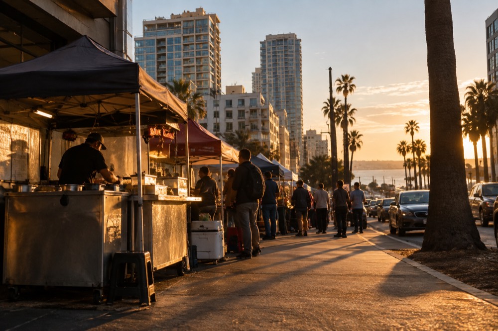 A row of taco stands with handwritten menu signs along a city sidewalk