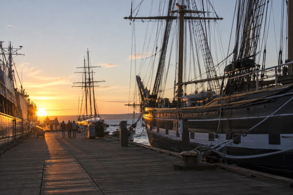Historic ships of the Maritime Museum along the downtown waterfront