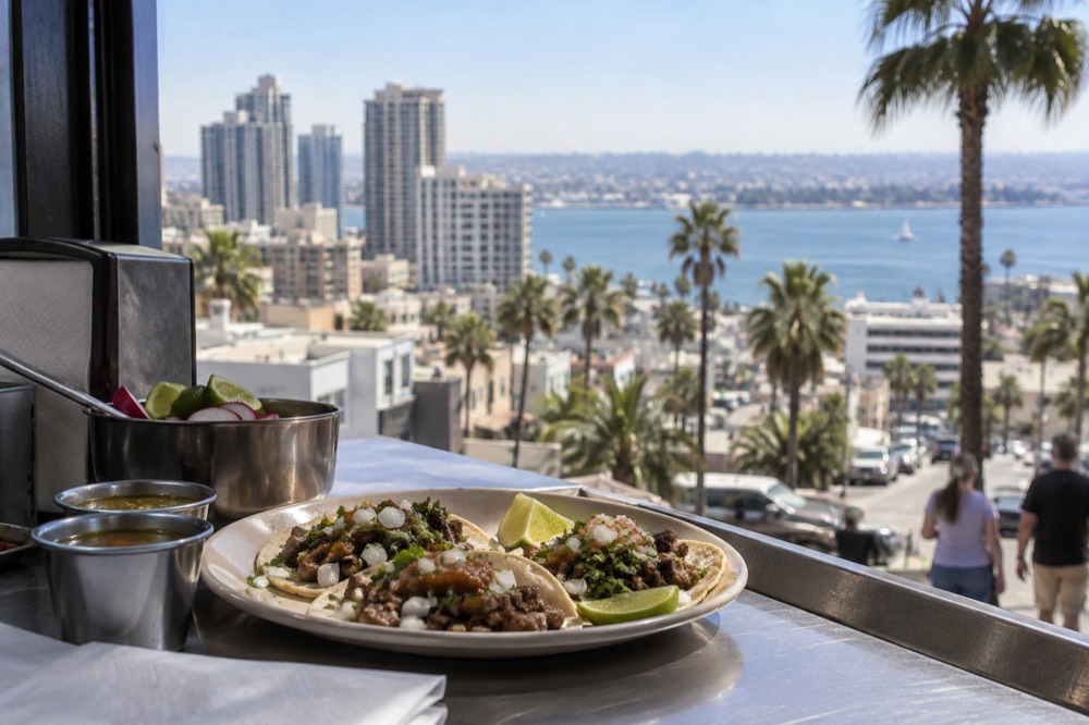 Street tacos plated at a casual San Diego taqueria counter
