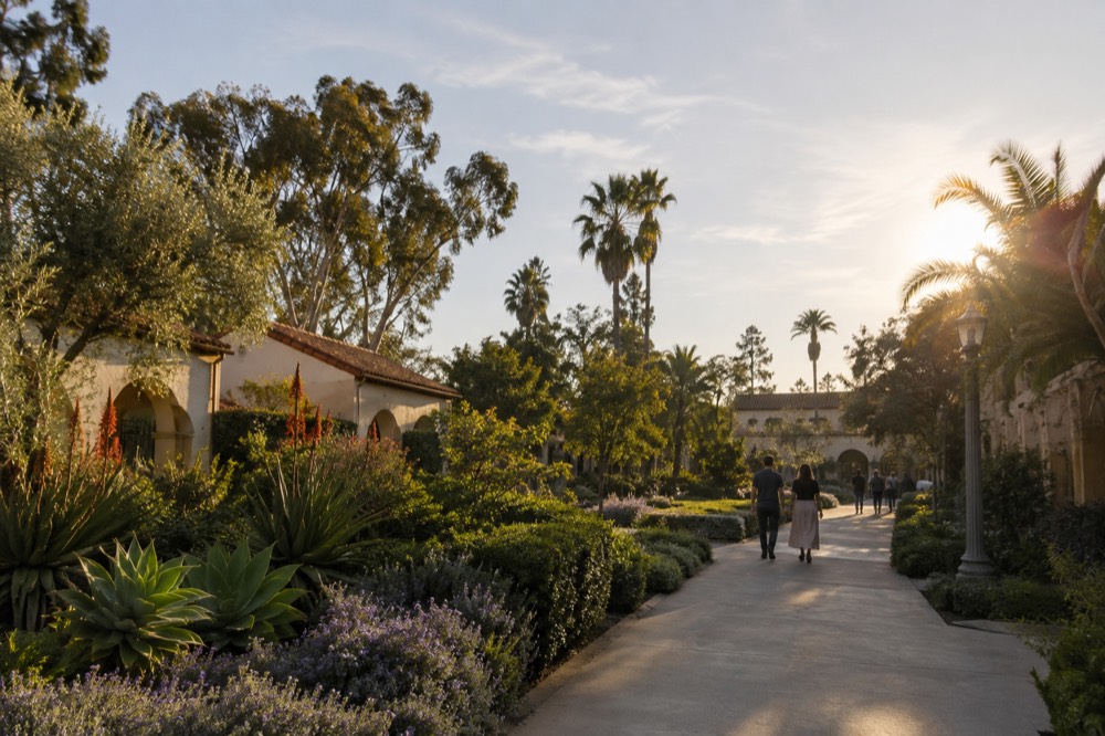 Gardens and Spanish colonial style buildings along a walkway in Balboa Park