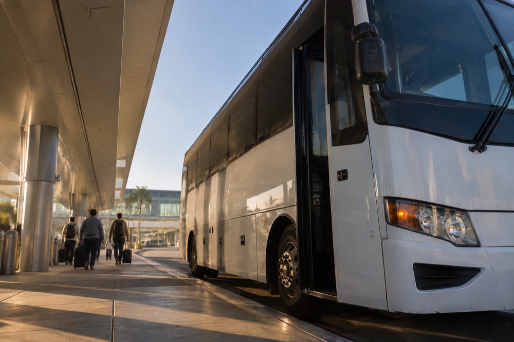 A shuttle bus parked at a curb outside an airport terminal in San Diego