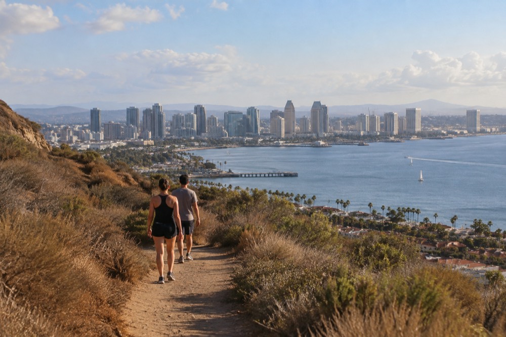 A coastal trail in warm late summer light with dry golden grass along the path