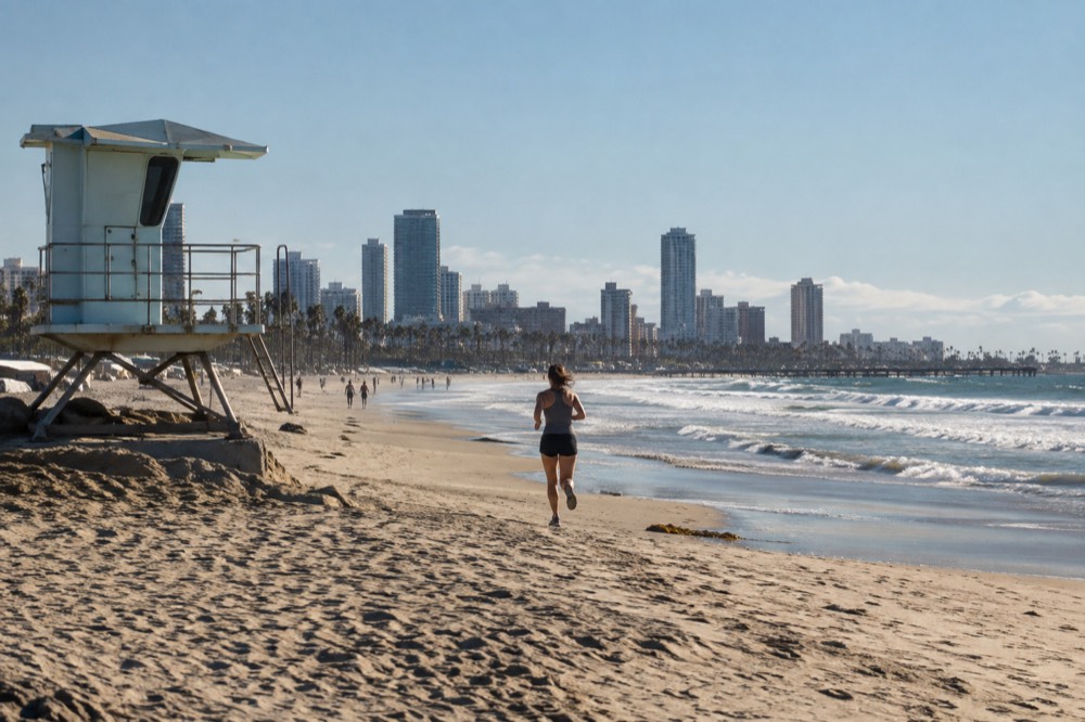 Lifeguard tower overlooking a wide sandy beach with rolling surf