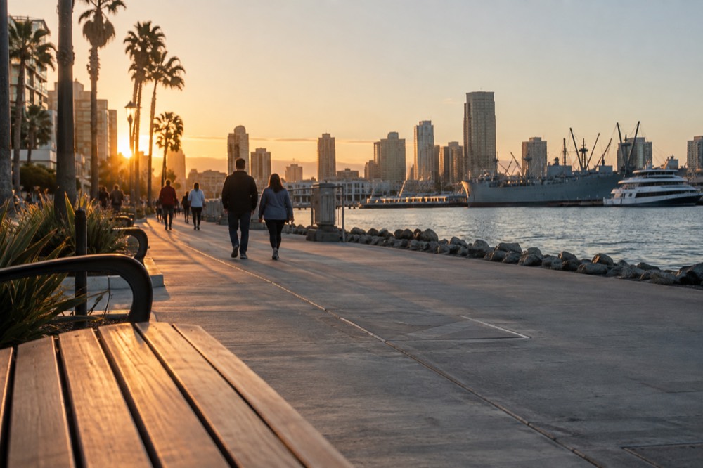 People walking along a wide waterfront promenade with ships moored in the background