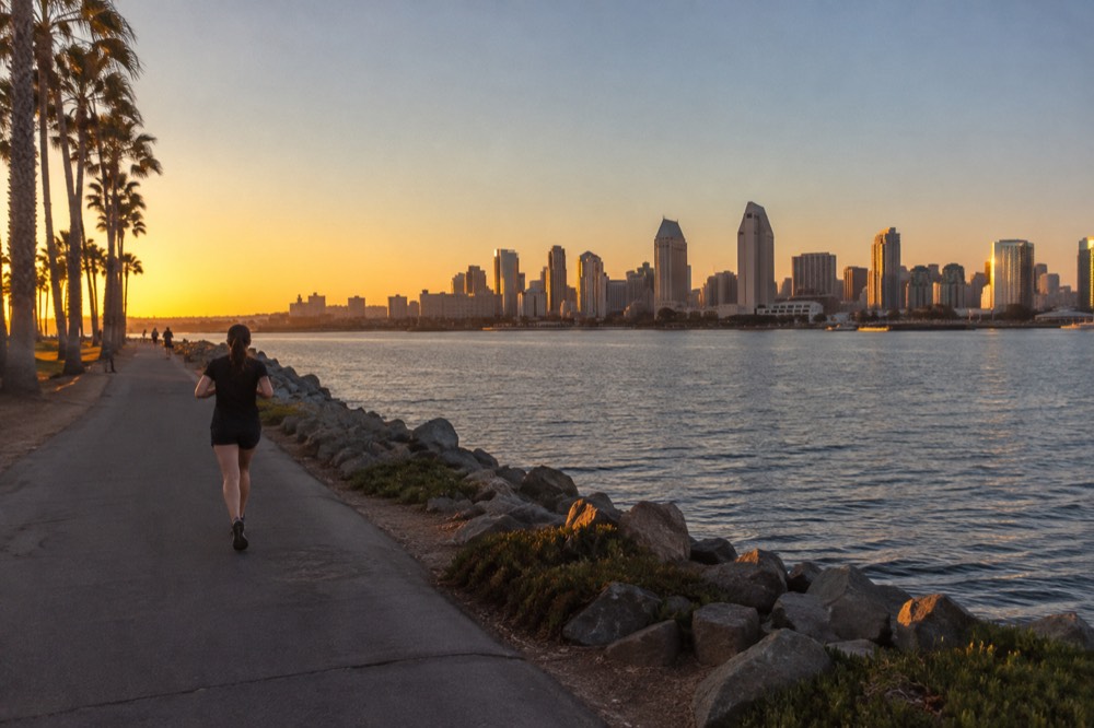 View of downtown San Diego skyline across the bay from the airport area on a clear day