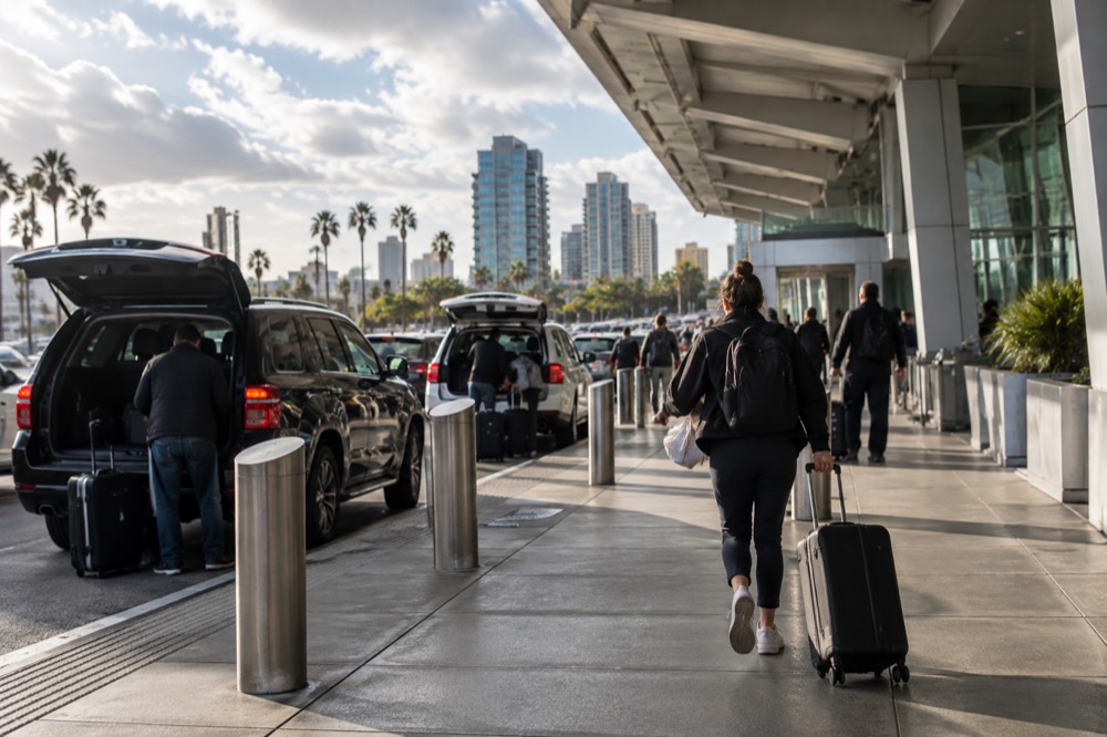 Departures curb with cars and travelers outside an airport terminal entrance in morning light
