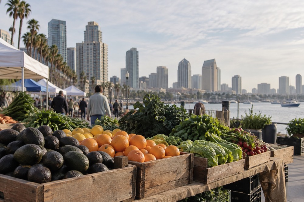Crates of avocados, citrus, and leafy greens arranged on a wooden market table