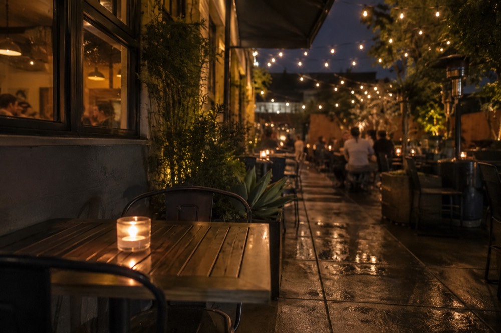 Neighborhood bar patio in North Park with string lights at night