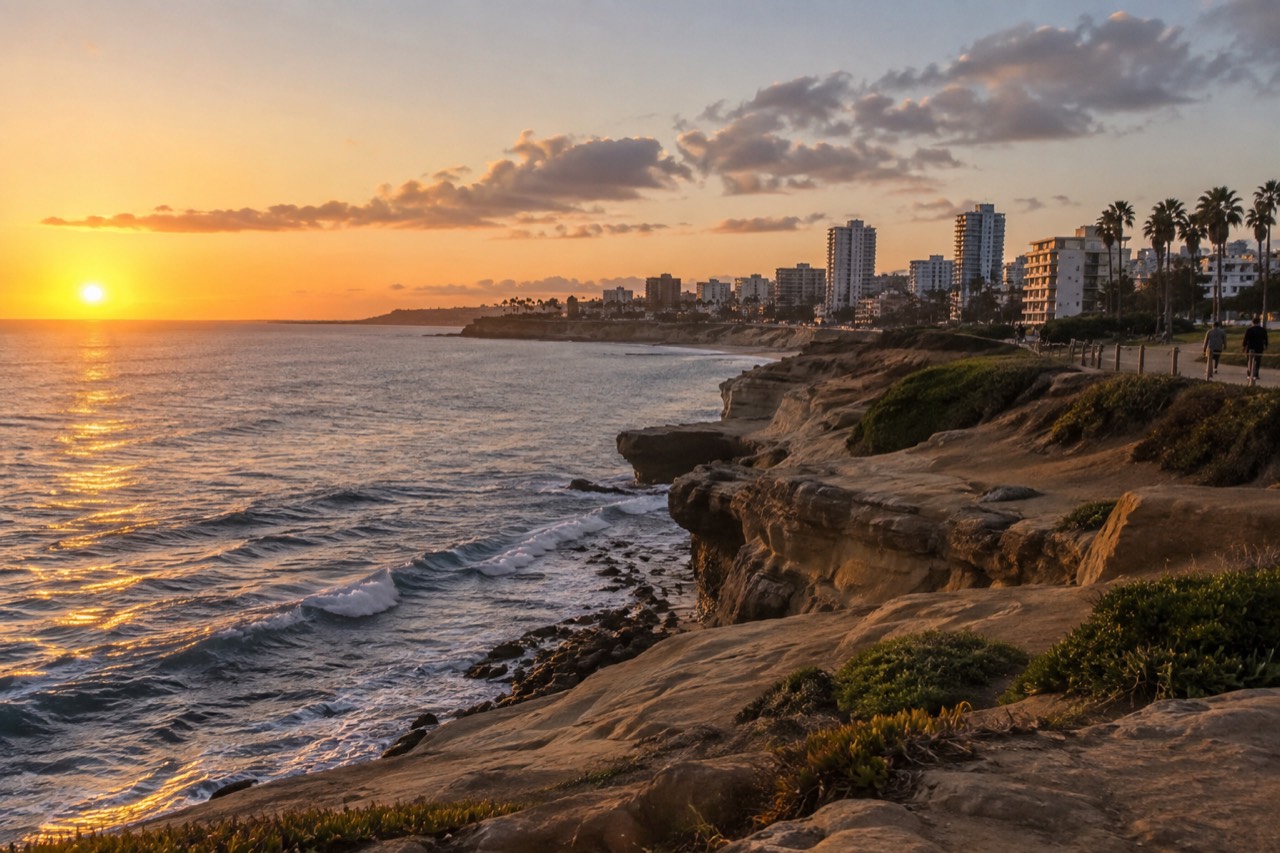 Golden sunlight over ocean cliffs at sunset on the San Diego coastline