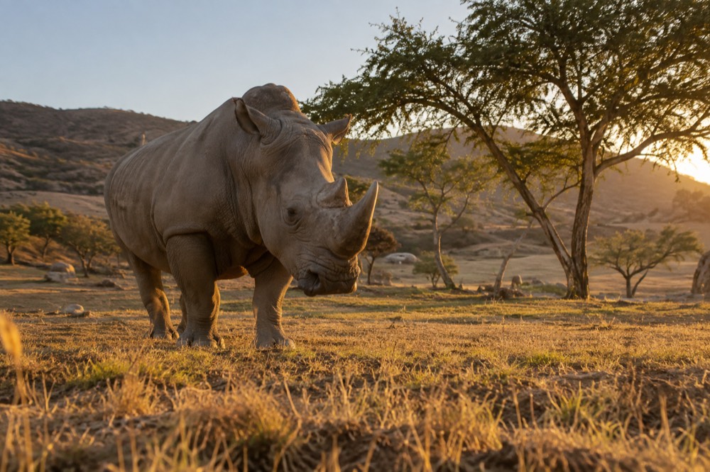 A rhinoceros standing in a wide dry field with acacia trees at the Safari Park