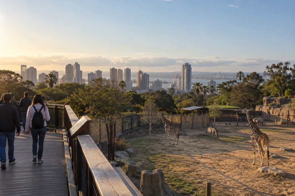 Visitors walking a boardwalk overlooking a wide animal field in late afternoon light