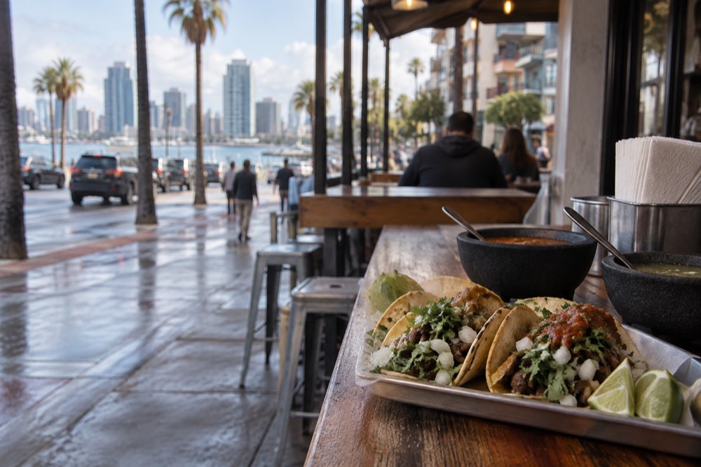 Street tacos on a counter at an open-air San Diego taco shop