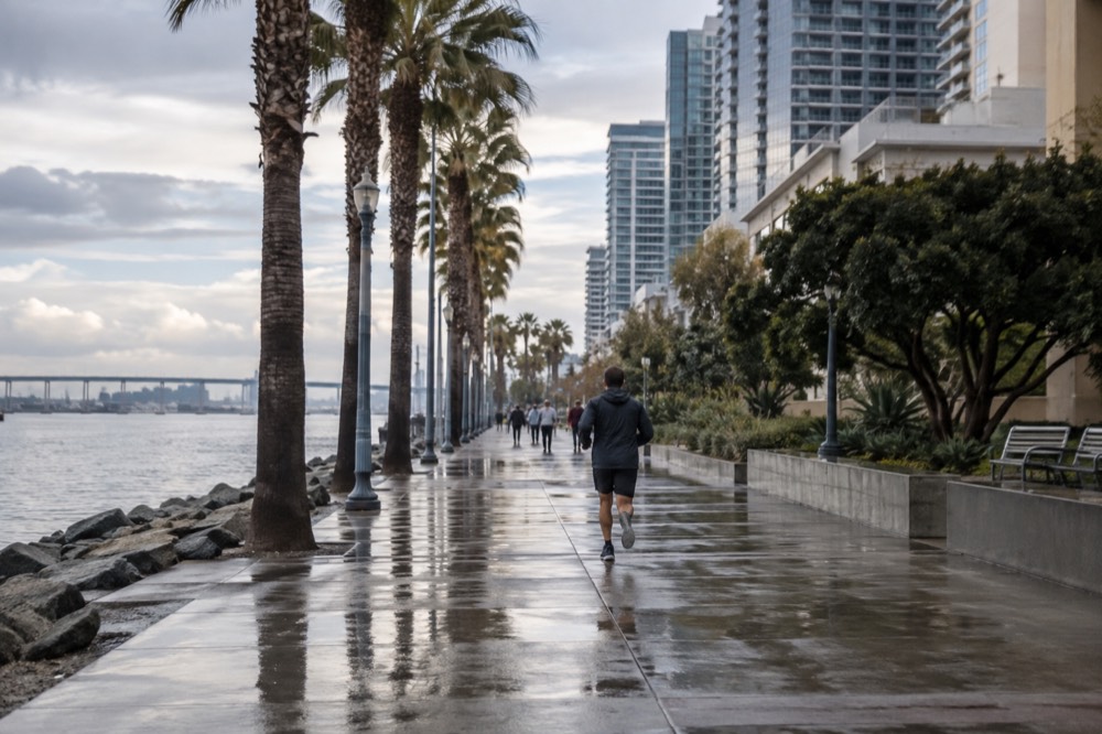 Decorated waterfront promenade in San Diego with palm trees and a bay in winter light