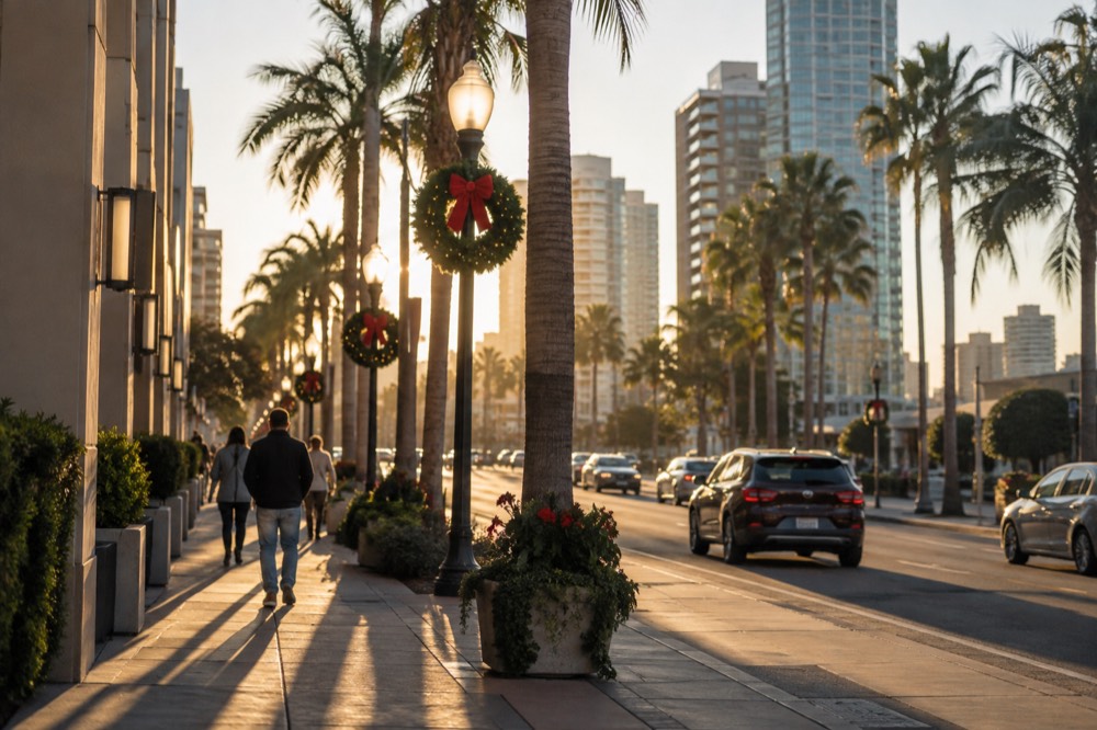 Palm-lined street in San Diego at golden hour with holiday decorations visible