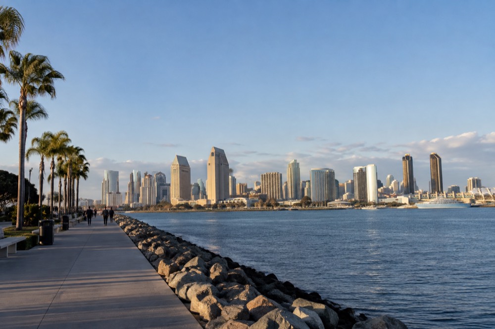 Clear winter sky over the San Diego skyline and bay on a mild February afternoon