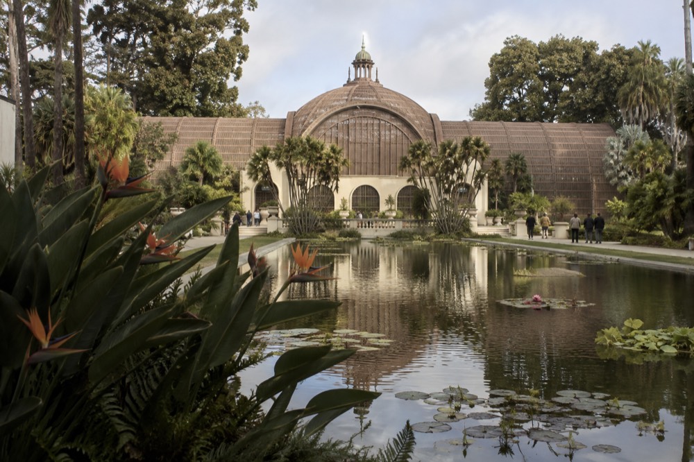 Lily pond and the restored Botanical Building in Balboa Park on a quiet winter morning