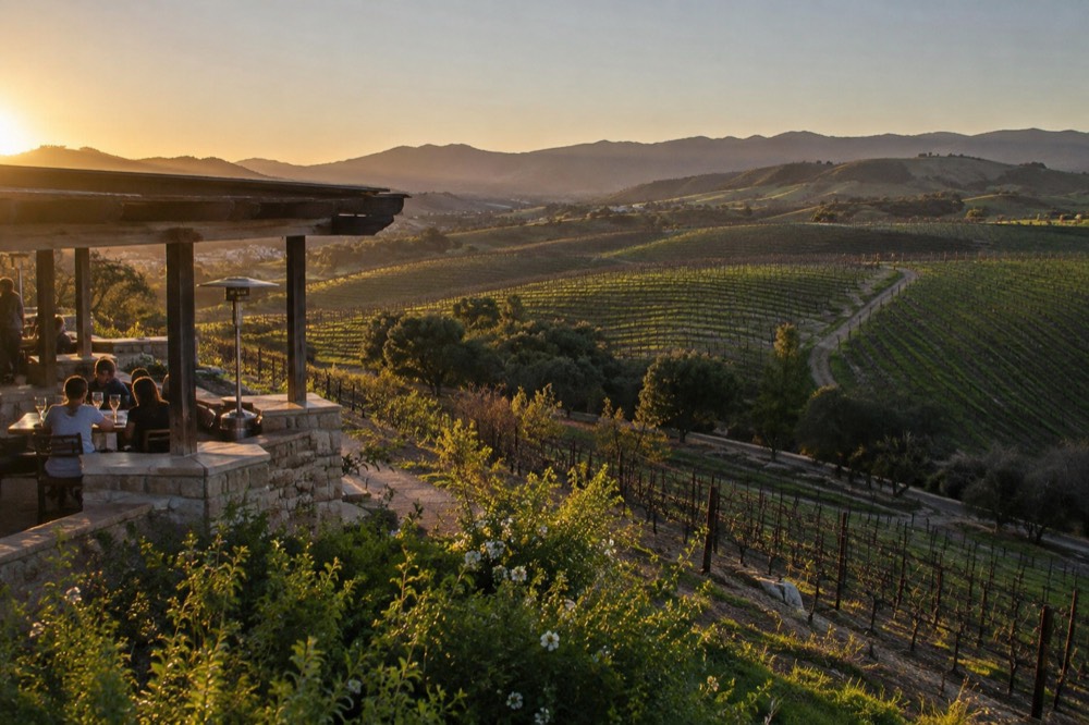 Rolling green hills of Temecula wine country under a clear February sky