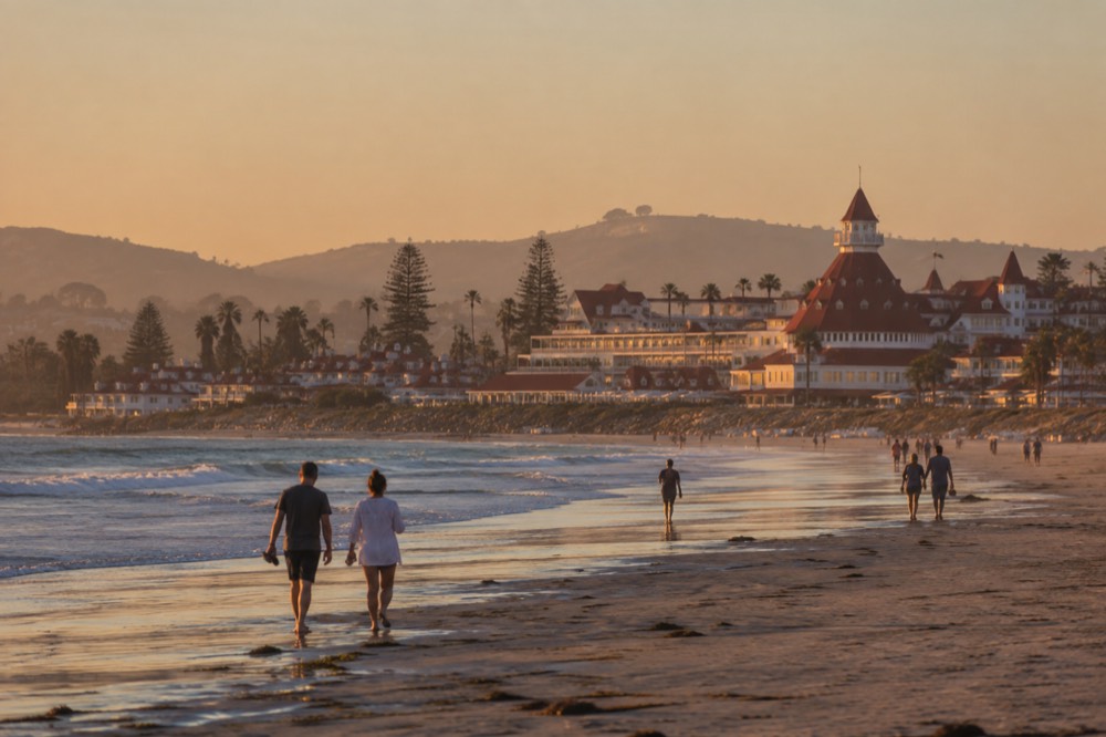 Wide sandy beach at Coronado with gentle waves and the Hotel del Coronado in the distance