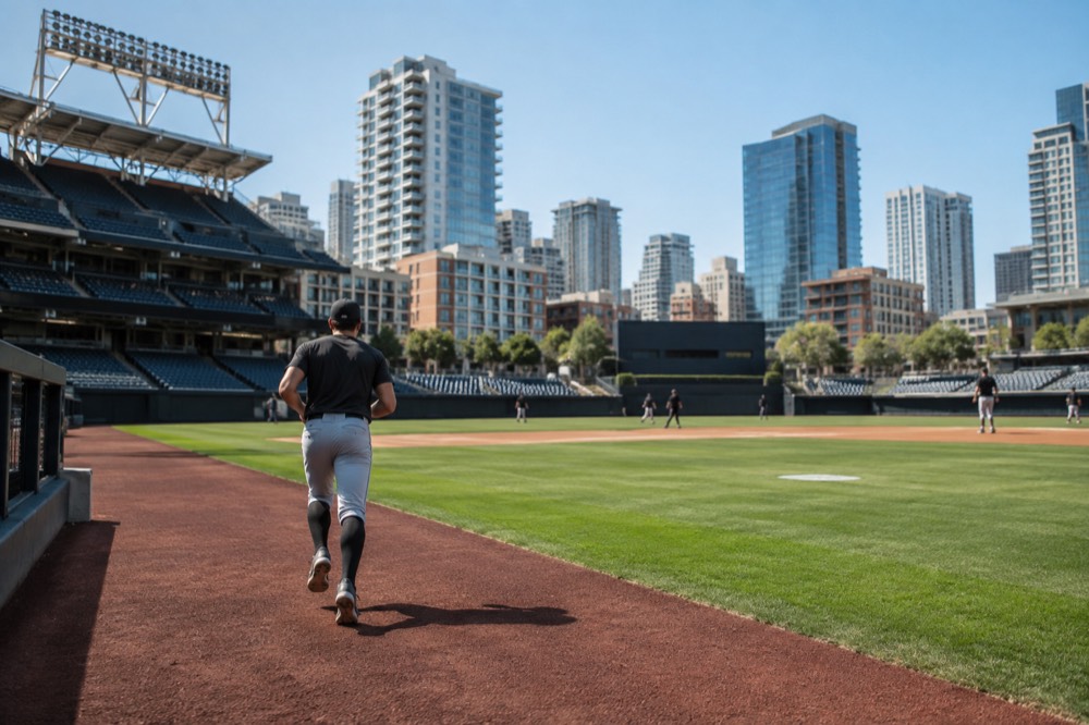 A baseball stadium field and stands under a clear afternoon sky