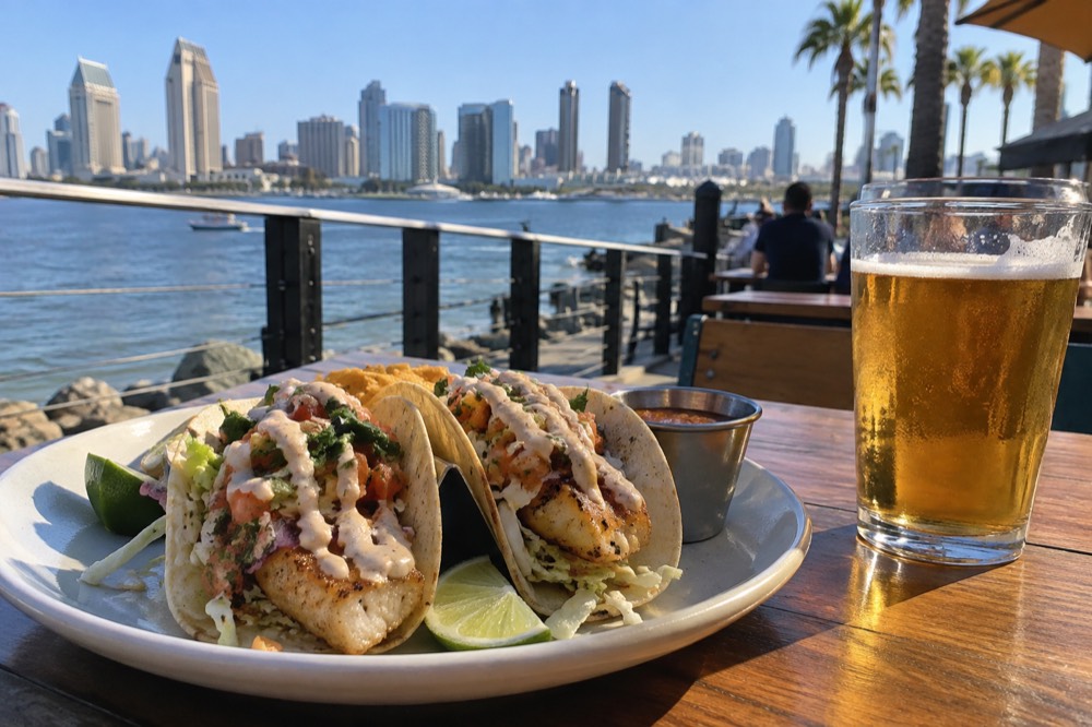 Plate with fish tacos on an outdoor table beside a craft beer glass