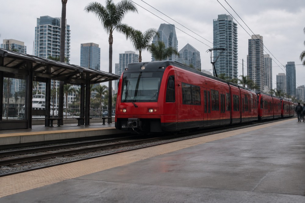 Red trolley vehicle at a station with the city skyline behind it