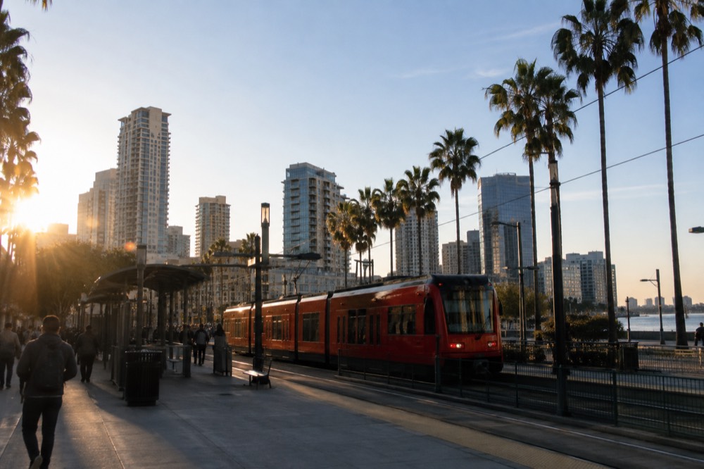 Red trolley car at a downtown San Diego station with the skyline above