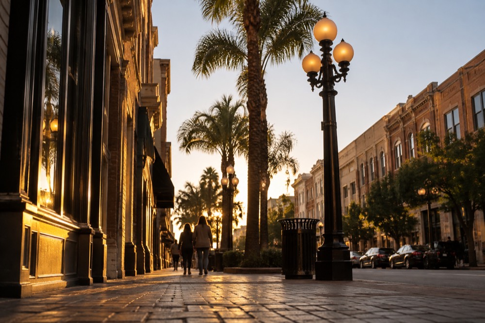 Historic gaslamp streetlamps and brick storefronts along a downtown San Diego street