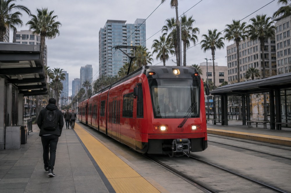 Trolley car at a downtown station with palm trees and buildings behind