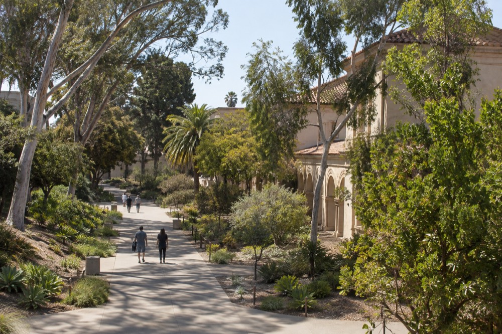 Garden path with mature trees and Spanish-style museum facade in Balboa Park