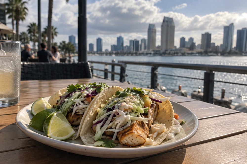 A plate of fish tacos with cabbage and lime on an outdoor restaurant table