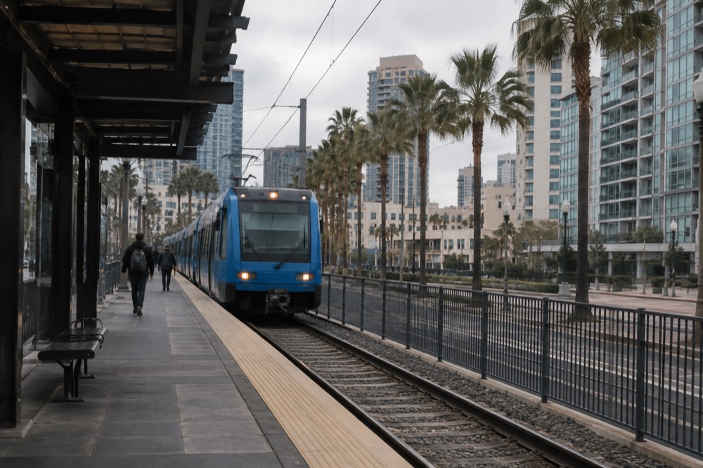 Blue trolley arriving at an outdoor station in San Diego